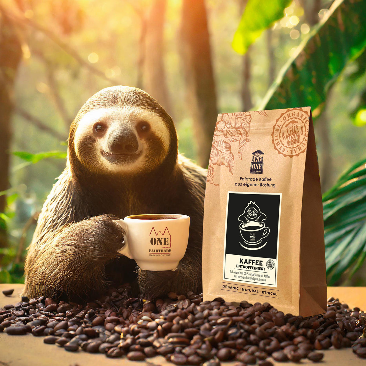 Kaffee entkoffeiniert Tüte mit fairtrade Kaffeebohnen entkoffeiniert und Faultier mit Kaffeetasse von ONE Fairtrade in der Hand als Dekoration. Der Hintergrund ist verschwommener Urwald.