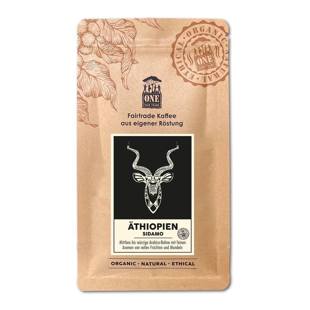 Sidamo Äthiopien Bio-Fairtrade Kaffeebohnen – mittelwürziger Kaffee mit fruchtigem Charakter und Aromen von Mandeln.