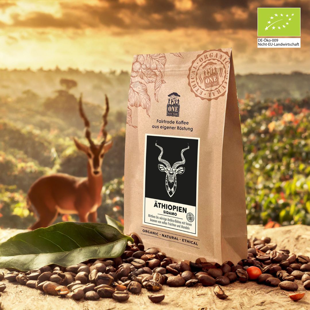 Sidamo Äthiopien Bio-Fairtrade Kaffeebohnen – mittelwürziger Kaffee mit fruchtigem Charakter und Aromen von Mandeln.
