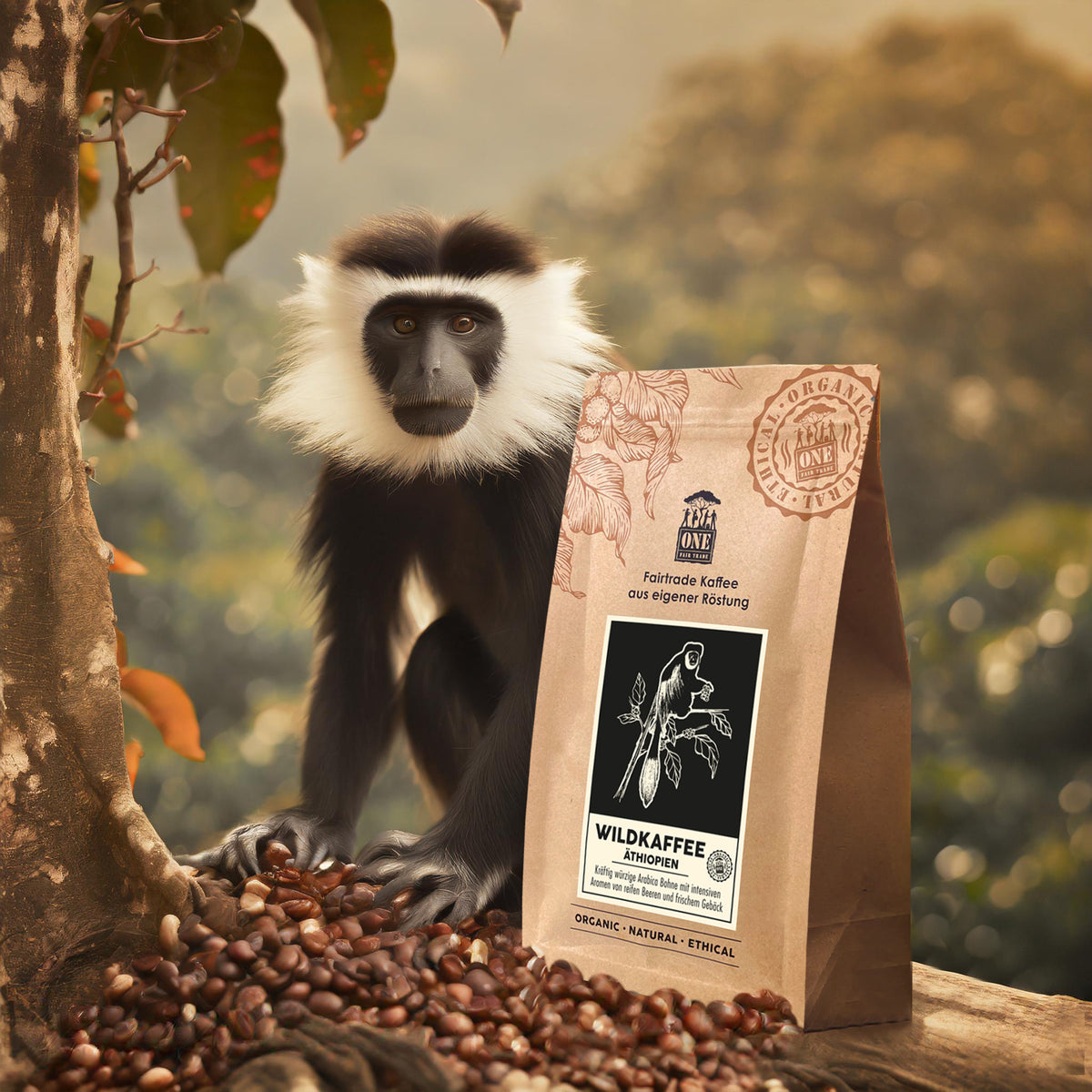 Wildkaffee Äthiopien Tüte mit fairtrade Kaffeebohnen und Affen als Dekoration. Der Hintergrund sind verschwommene helle Bäume.